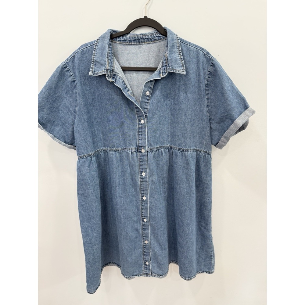 Denim Babydoll Dress 2XL Oversized Button Front Cotton Short Sleeve Casual Boho - Picture 3 of 7